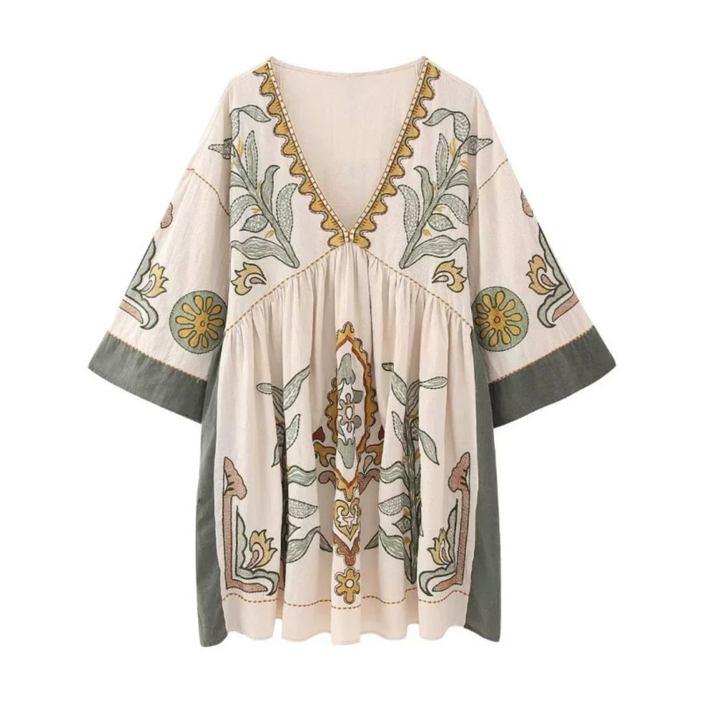 ZARA Loose Embroidered Dress with Wide Collar